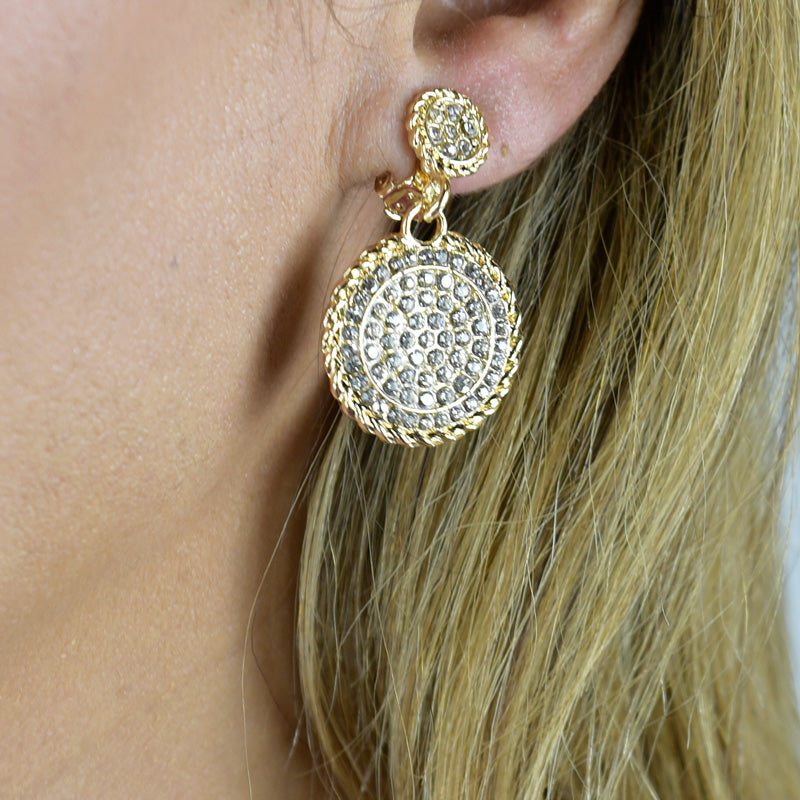 Dangle Coin Look  Pave Clip Earrings