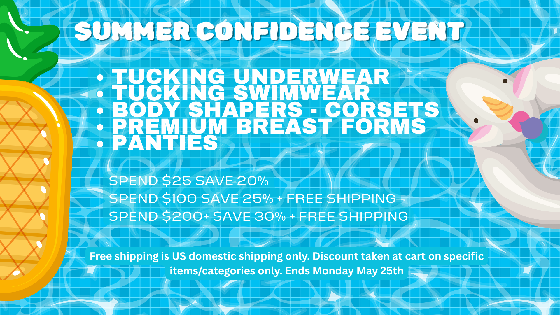 Promotional flyer for a summer confidence event with swimwear and body shapers on a blue background.