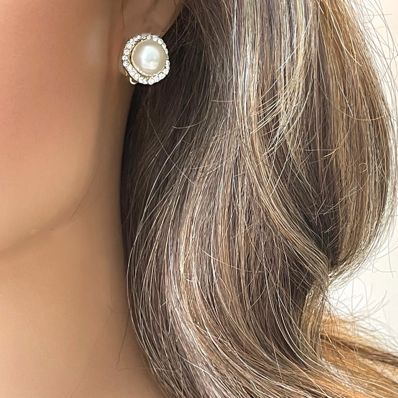 Pearl - Rhinestone Button Clip Earrings