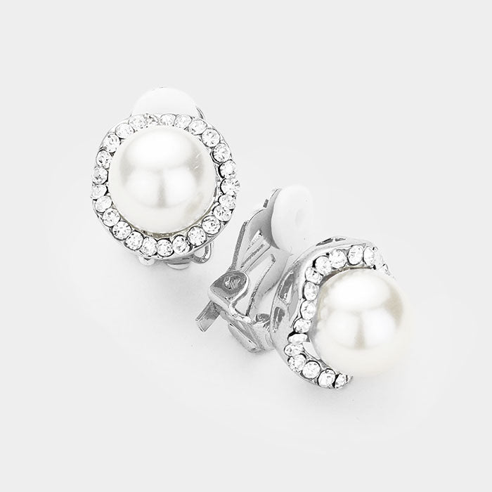 Pearl - Rhinestone Button Clip Earrings