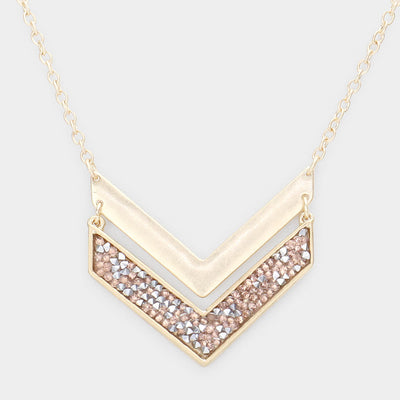 Double Chevron Pendant Necklace  - Pink Stones