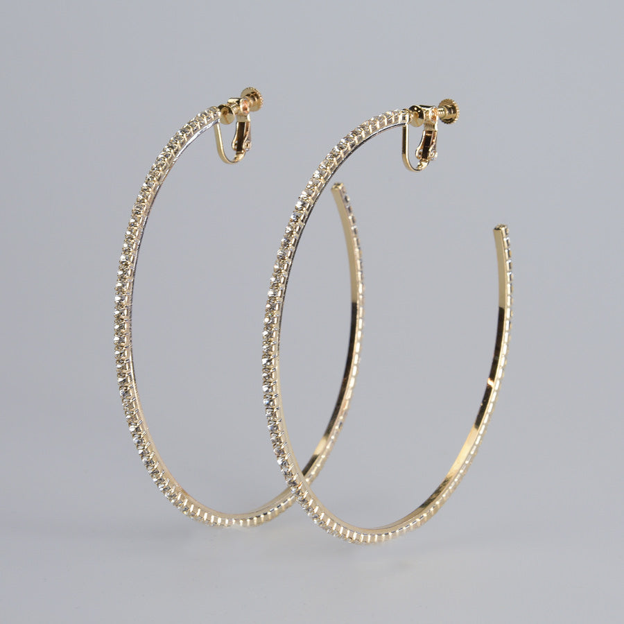 2.5in Rhinestone Hoop Clip Earrings -Rhinestone / Goldtone