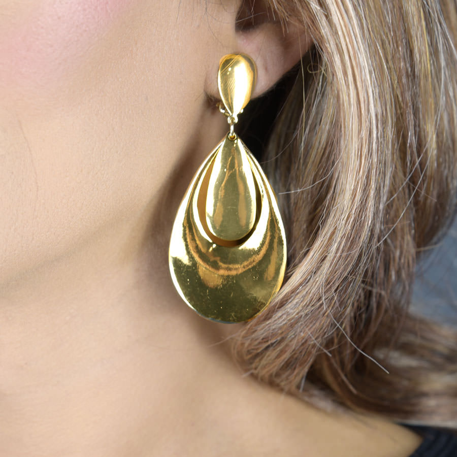 Bold Teardrop Doorknocker Clip Earrings-Goldtone