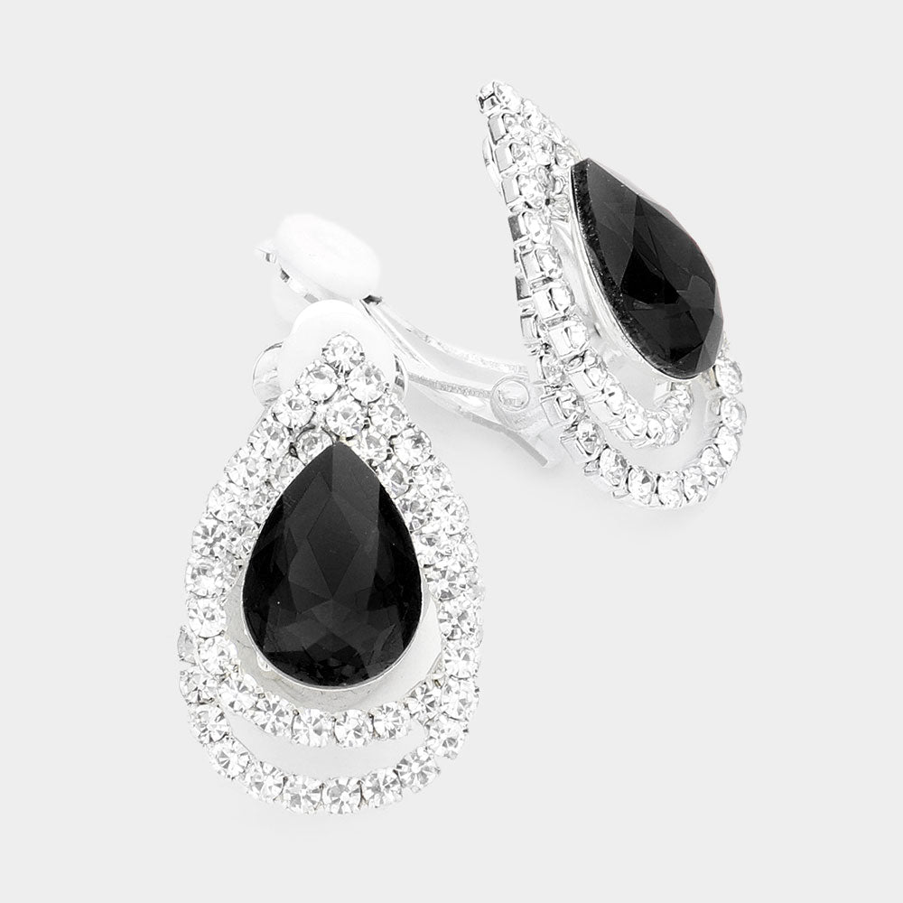 Teardrop Accented Rhinestone Trimmed Clip On  Earrings